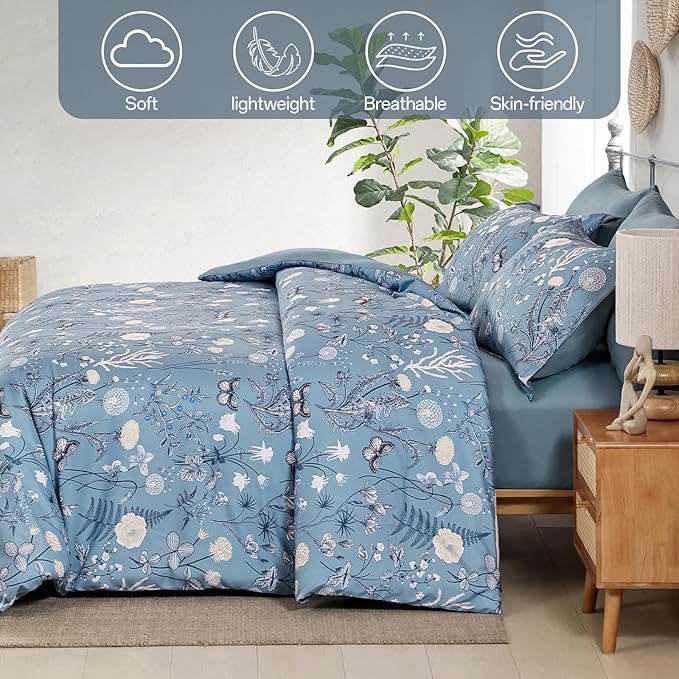 Yiran Blue Comforter Set Queen Size, 7 Piece Floral Comforter Bedding Set - Image 6