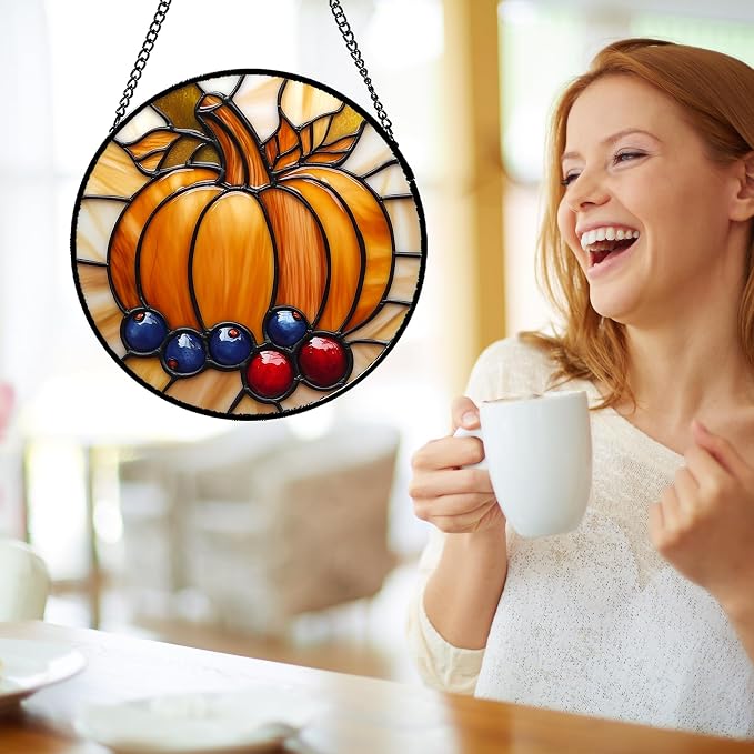 DASTOLL Stained Glass Window Hanging Fall Pumpkin Berries 7.8" - Image 4