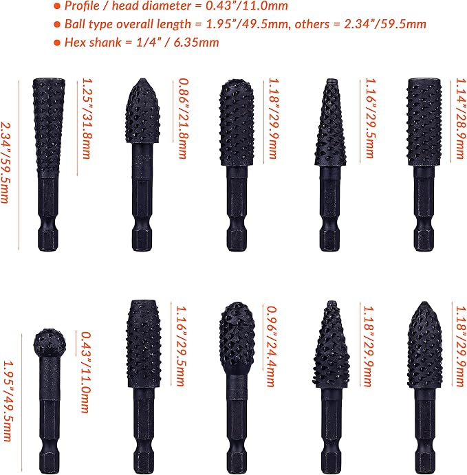 NordWolf 10-Piece Rotary Burr Wood Carving Rasp Files Set, - Image 6