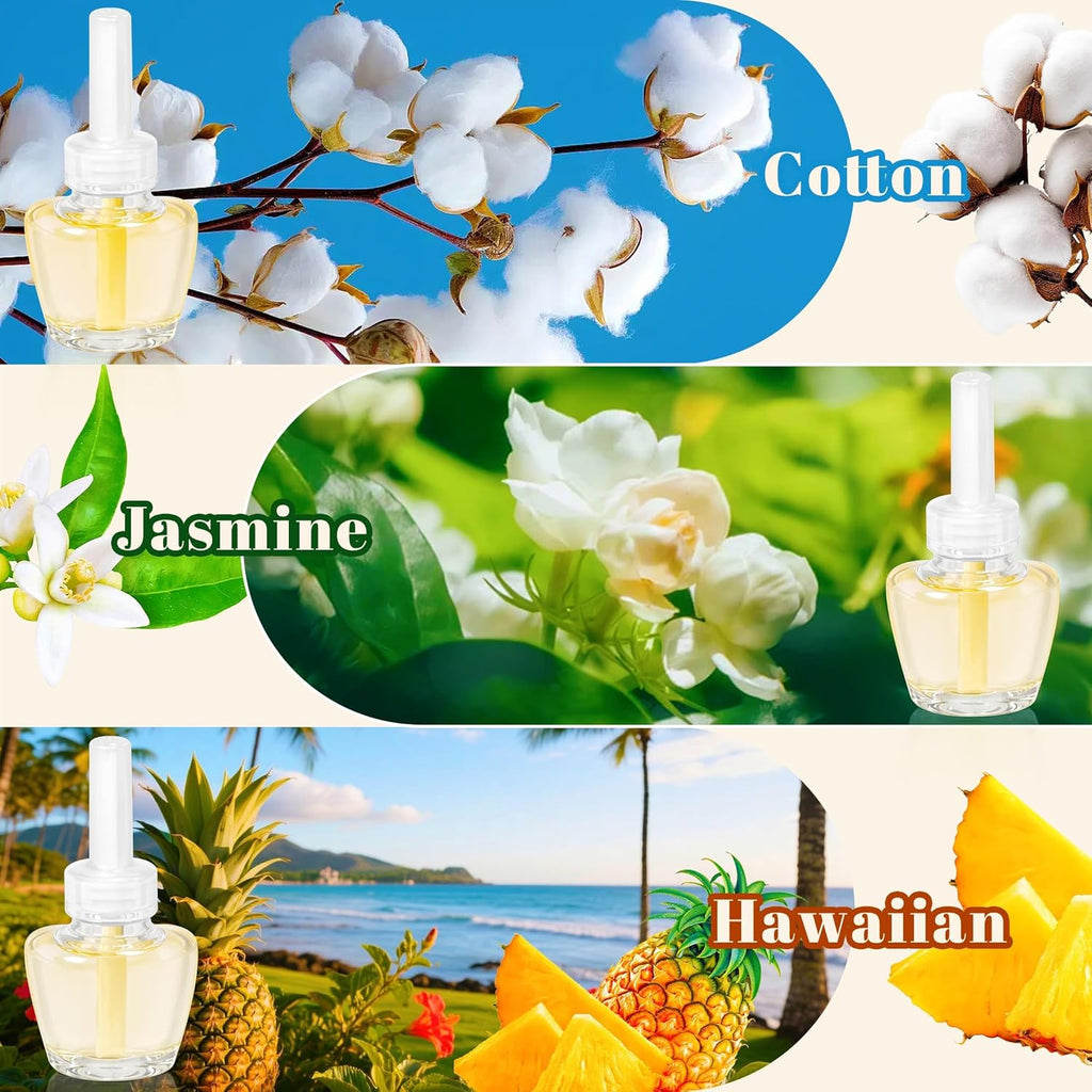 Plug in Air Fresheners Refills, Essential Oil Scented Refill with 2 Warmer, Jasmine, Hawaiian, Cotton, Long Lasting Home Fragrance for Bathroom, Compatible with Airwick, Compatible with Glade