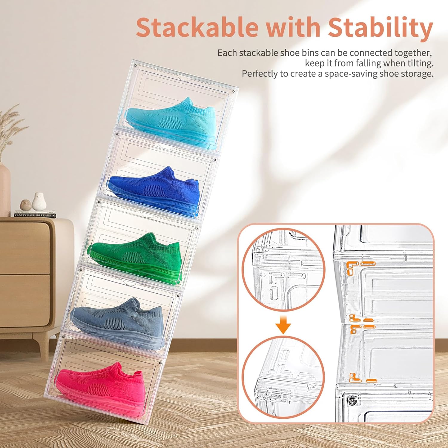 12 Pack Clear Shoe Boxes Stackable,Large Shoe Storage Organizer with Magnetic Door,Drop Side Shoe Containers for Entryway,Sneaker Storage Fit up to US Size 12 for Men/Women