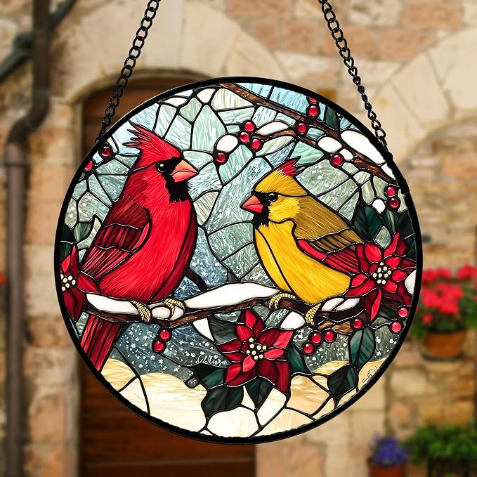 DASTOLL Stained Glass Window Hanging, Love Birds Cardinals Sun Catchers - Image 4