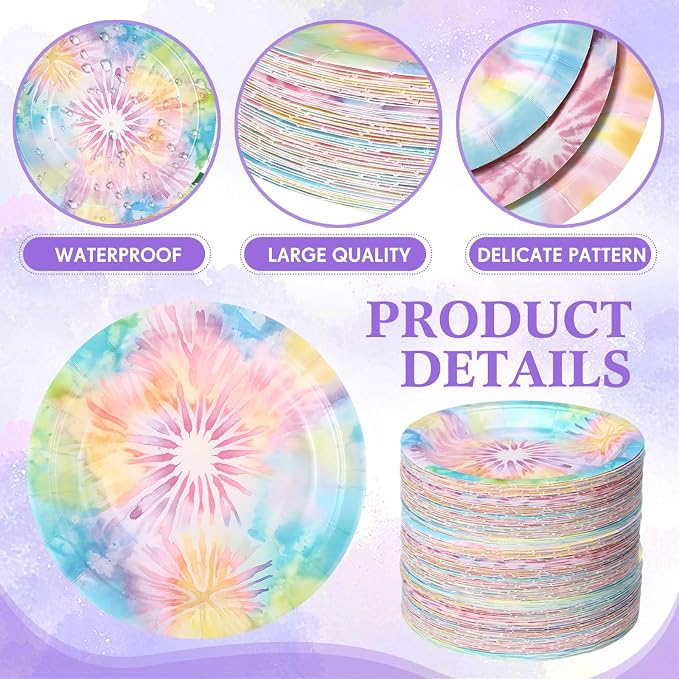 Funnymoom 60 Pcs 7 Inch Pastel Tie Dye Birthday Party Plates Vibrant Paper - Image 3