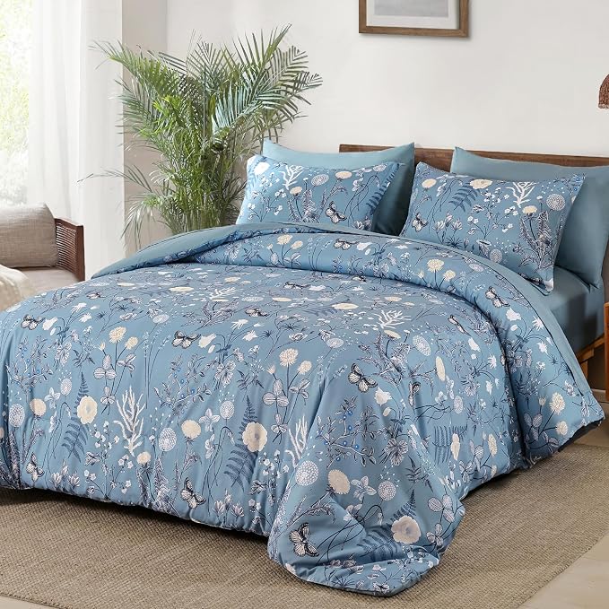 Yiran Blue Comforter Set King Size, 7 Piece Floral Comforter Bedding Set - Image 2