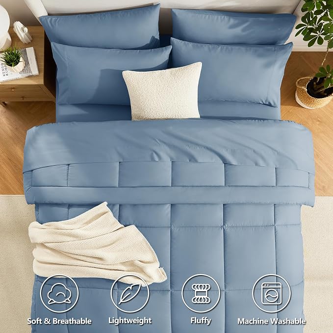 CozyLux Queen Comforter Set Dusty Blue, 7 Pieces Bed in a Bag, All Season - Image 2