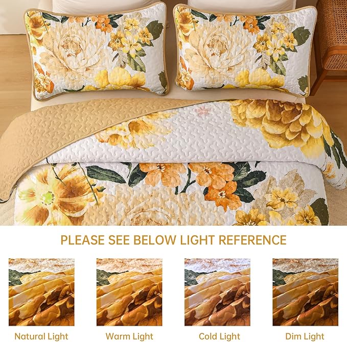 WONGS BEDDING Yellow Floral Quilt Set King, 3 Pieces Reversible Lightweight - Image 8
