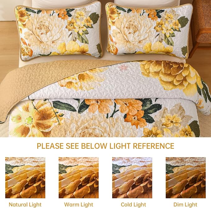WONGS BEDDING Floral Quilt Set Yellow Queen, Quilted Printed Lightweight - Image 8