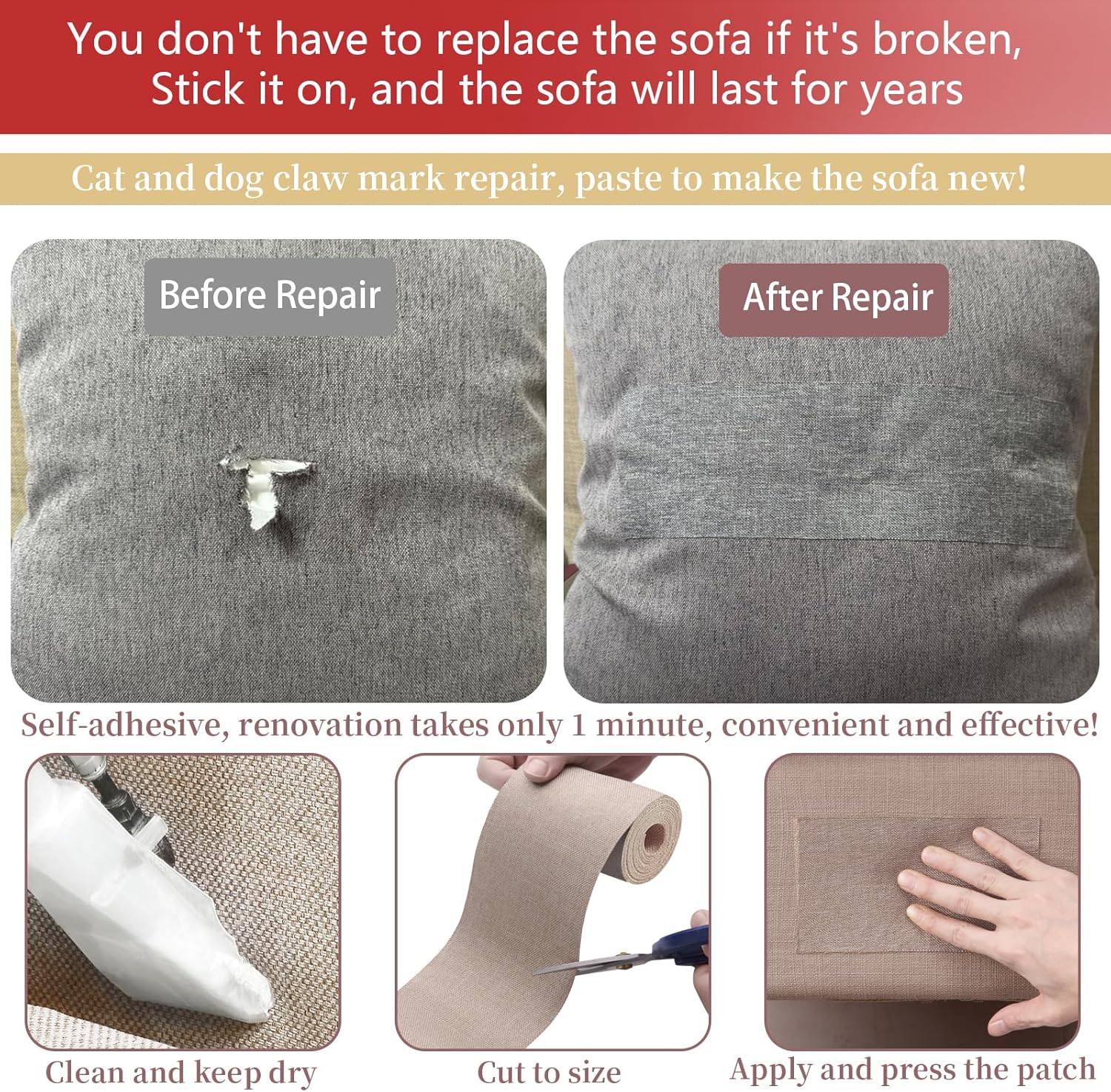 Linen Repair Tape 4x70 Inch Self-Adhesive Couch Patch Repair Fabric Patch for Furniture,Sofas,Cushion,Chairs,Bags,Linen Goods(White)