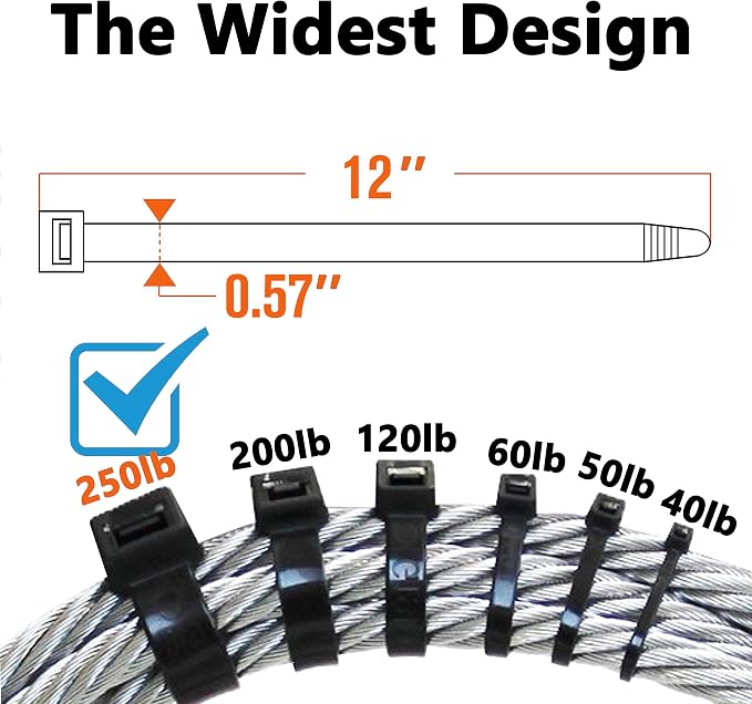 250lb Black Zip Ties Heavy Duty 12 Inch Outdoor, Extra Large Cable Tie Wraps - Image 2