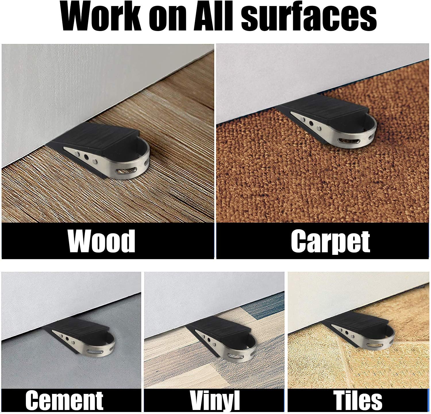 JQK Heavy Duty Door Stopper Rubber Wedge, 304 Stainless Steel Security Door Stops Works On All Floor Types, Brushed(2 Pack), DSB6-BN-P2