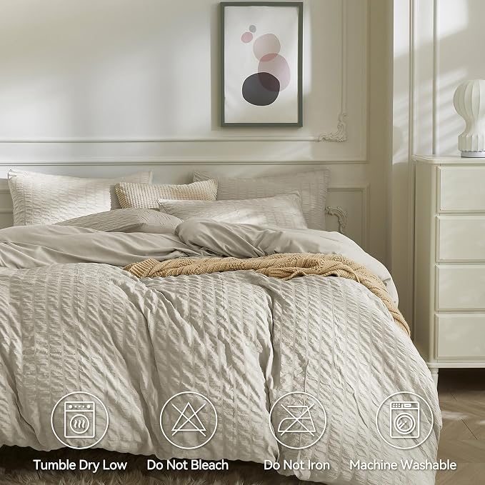 JELLYMONI Beige Duvet Cover King Size, Soft Breathable Seersucker Duvet Cover - Image 5