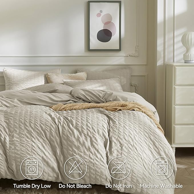 JELLYMONI Beige Duvet Cover Twin Size, Soft Breathable Seersucker Duvet Cover - Image 5