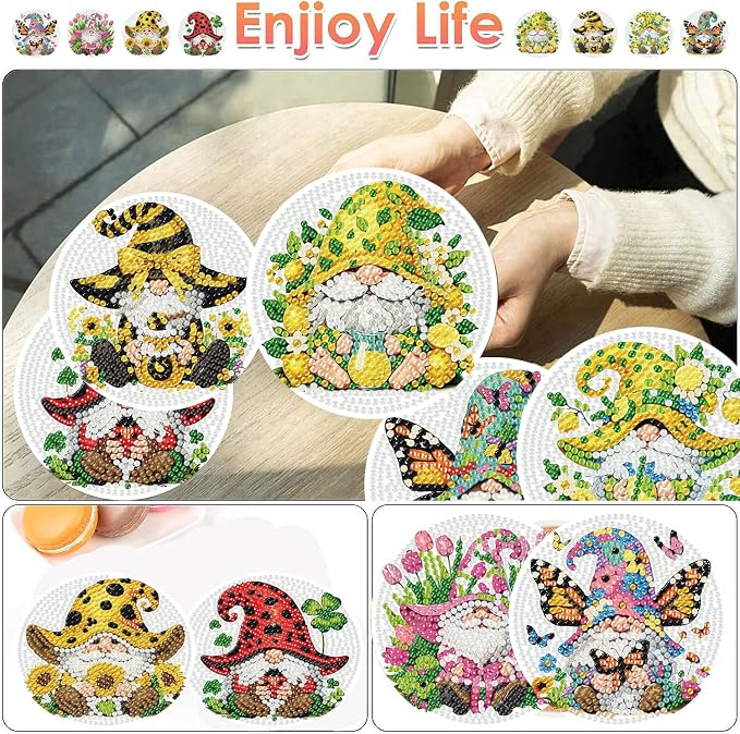 ijbnhd 8 PCS Diamond Art Coasters Gnomes Diamond Painting Coasters | Diamond - Image 2