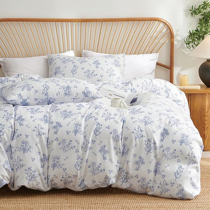 Nayoroom Blue Floral Duvet Cover King Size Cottagecore Flower Leaf Spring - Image 4