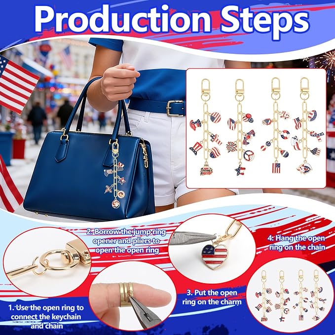 AUGSUN 189 Pcs 4th of July Keychain Making Kit Patriotic DIY Keychain Craft | - Image 2