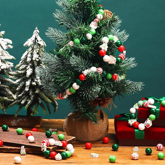 FairySandy 240 Pcs Christmas Wooden Beads Craft 0.63 Inches Hanging Red Green - Image 6