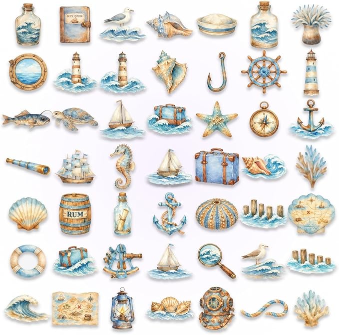 50Pcs Watercolor Nautical Stickers, Ocean & Sea Decals - Image 2
