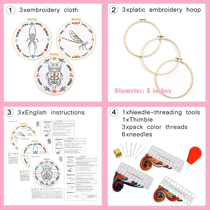 Armindou Hand Embroidery Kits for Beginners Adults, Insect Flowers Embroidery - Image 5