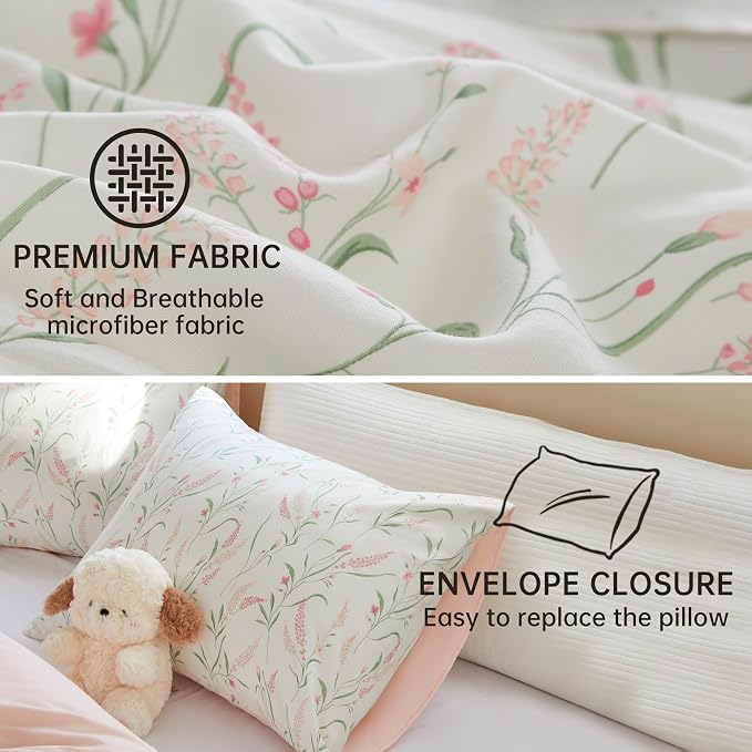 BOLINLIVING Pink Floral Duvet Cover Twin Size, Kids Girls Botanical Leaf Spring - Image 7