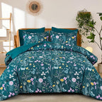 Yiran Teal Blue Comforter Set Queen Size, 7 Piece Floral Botanical Comforter by Yiran