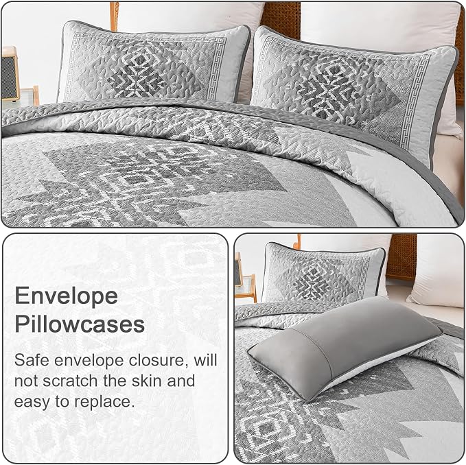 Dintszyayue Grey Quilt Set Queen Size 3 Pieces Boho Aztec Quilt Set Queen Gray - Image 5