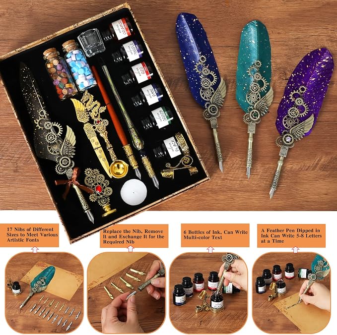 Aifeiter Quill Pen Feather Calligraphy Pen and Ink Set, Wax Seal Stamp Set - Image 6