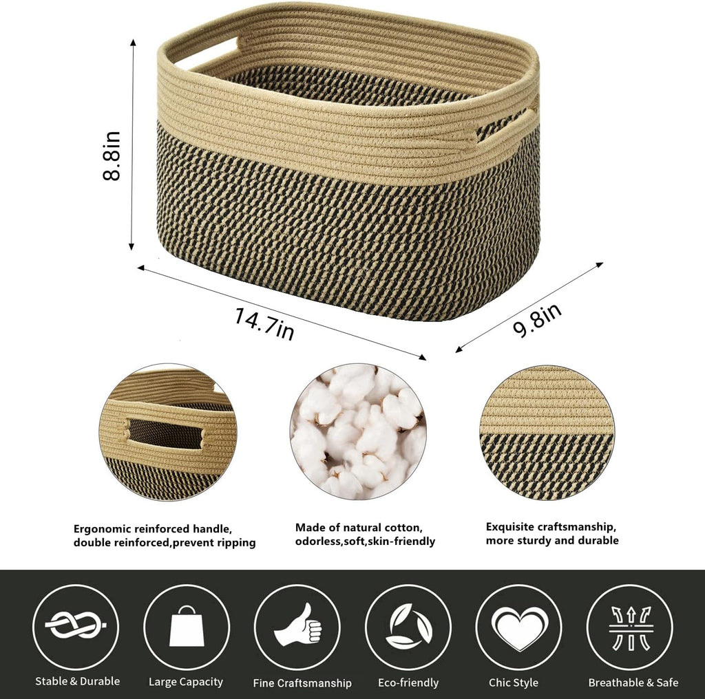 Storage Basket,Woven Baskets for Storage,Cotton Rope Baskets for Organizing,book,towel Basket,Toy Basket or Storage Bins - 3 Pack,Black and Brown