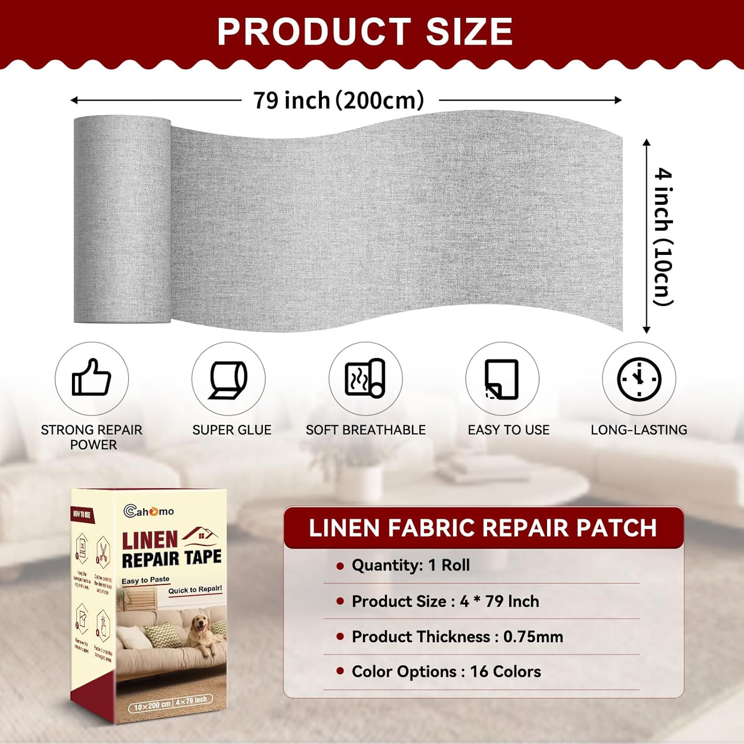 Linen Repair Tape 4x79 inch, Self Adhesive Fabric Patches, Linen Patch Tape Kit, Fabric Repair Tape for Couch Sofas, Headboards, Chairs, Pillows, Curtains, Couches- Light Grey