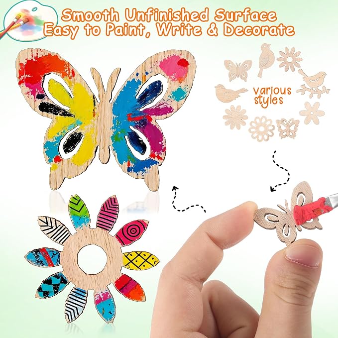 Amosfun 100PCS Wooden Cutouts for Crafts, Unfinished Wood Flowers Bird and - Image 2