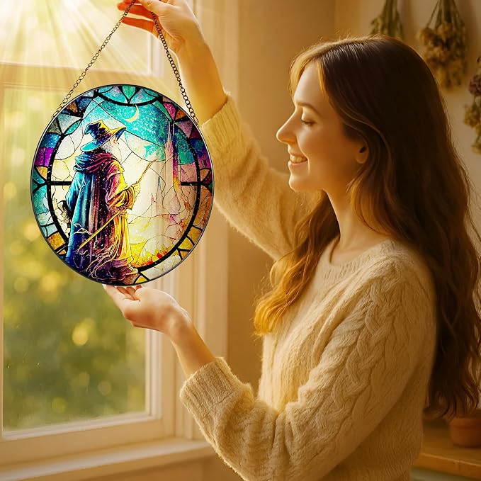 Stained Glass Window Hanging, LAOWEIKI 8'' Witch Suncatcher, Stained Glass - Image 2