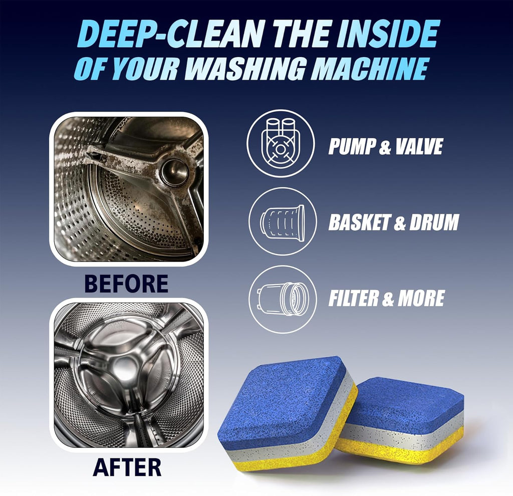 Washing Machine Cleaner Tablets 14 Pack for HE Front Load - Eco Friendly Washer Cleaning Tablets Formula - Pets Hair & Smell Solution - Septic Safe Descale Deodorize Protect - 1 Plus Year Supply