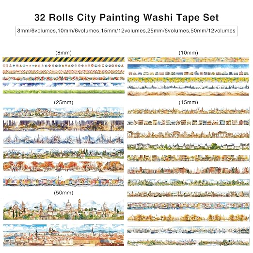 32 Rolls Vintage Washi Tape Set, European Cityscapes - Image 3
