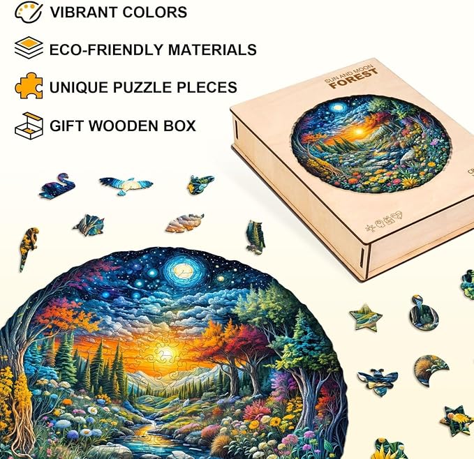 Sun Moon Forest Puzzles Adults Gifts Wooden 100 Pieces 8.5 * 8.5in - Image 3