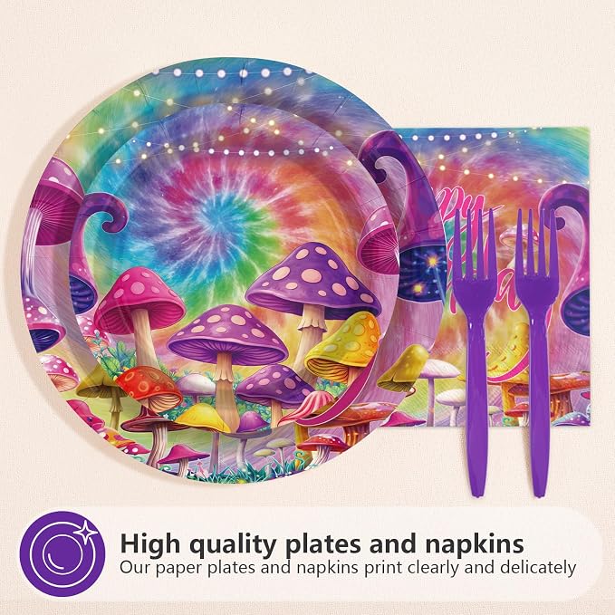 96Pcs Tie Dye Mushroom Birthday Party Decorations Tie Dye Plates and Napkins - Image 2