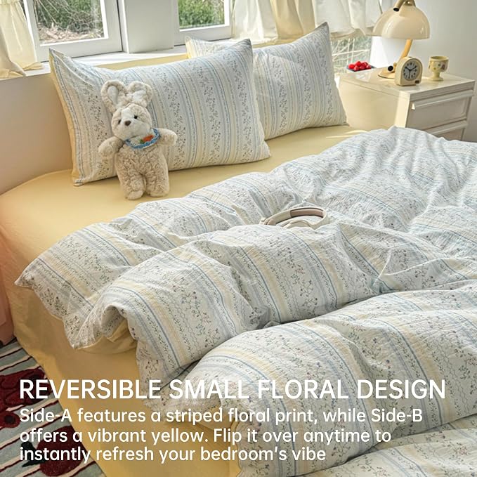 BOLINLIVING Vintage Floral Duvet Cover Full Size, Reversible Blue Striped - Image 2