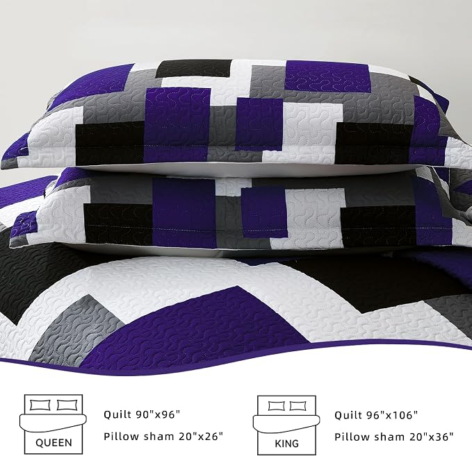 Tyrot 3 Piece Dark Purple Grey Quilt Set California King Size Black White - Image 7