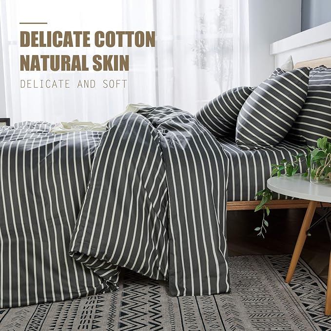 JELLYMONI 100% Natural Cotton 2pcs Striped Duvet Cover Sets, Dark Grey Duvet - Image 3