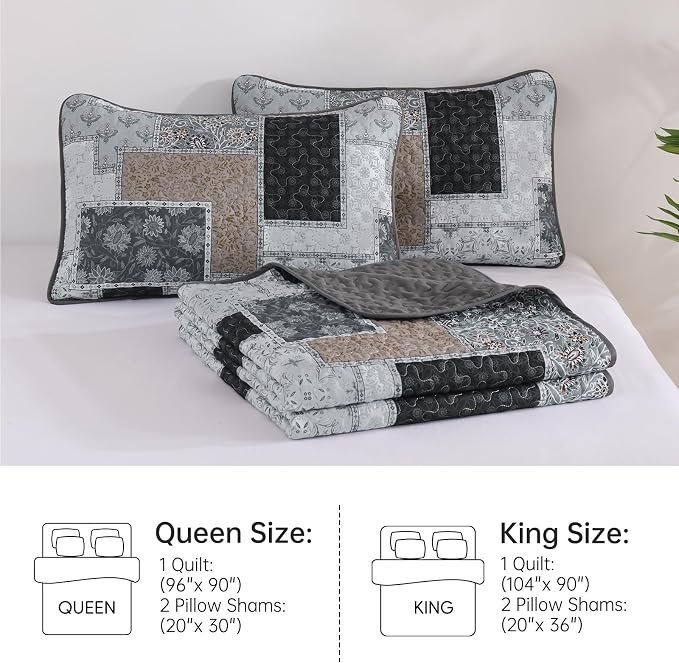 Xruibed Grey Quilt Set Queen Size 3 Pieces Plaid Floral Boho Bedspread Coverlet - Image 9
