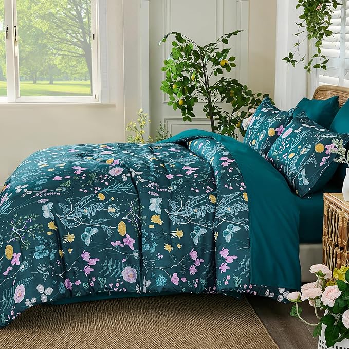 Yiran Teal Blue Comforter Set Queen Size, 7 Piece Floral Botanical Comforter - Image 6