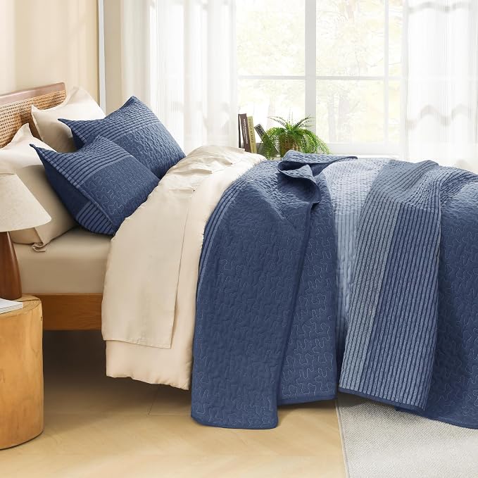 Litanika Oversized King Quilt Set Sapphire Blue, 120x120 Stripe Bedspread - Image 2