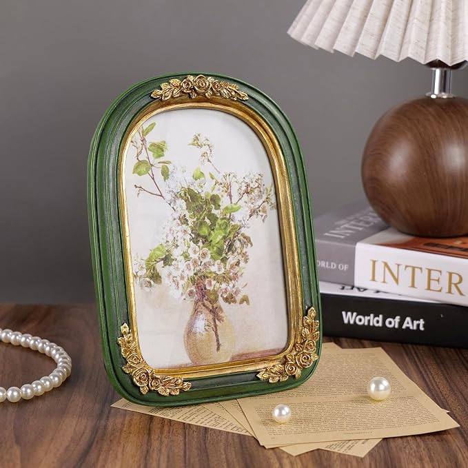 Cuspin Vintage 5x7 Picture Frame Green and Gold Frames, Ornate Arch Picture - Image 8