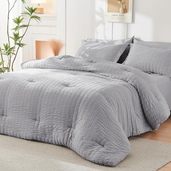 HYMOKEGE Light Grey Queen Comforter Set Seersucker 7 Pieces, All Season Luxury - Image 8