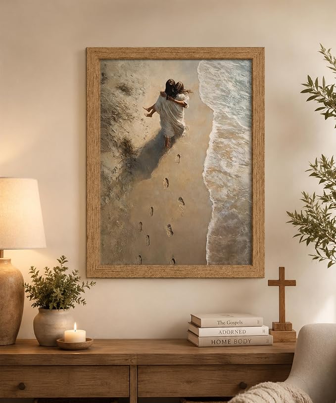 Framed Jesus Holding Woman Canvas Print.Footprints in The Sand Wall Art.Wood - Image 5