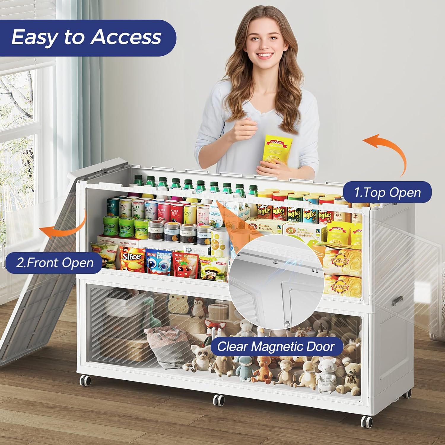 150 Gallon Extra Large Collapsible Storage Bin with Lid, 600QT Stackable Plastic Organizer with 6x Wheels, Foldable Drawer Cabinet for Closet, Living Room Office Dorm 3Pack, White