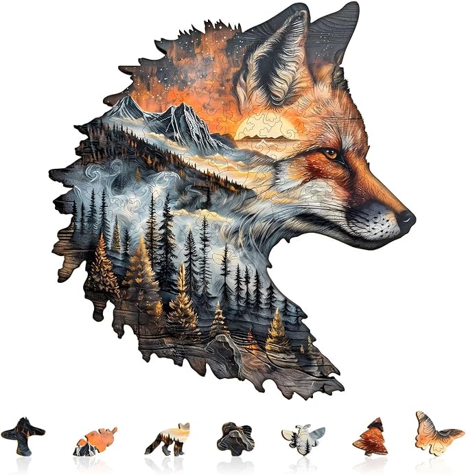 Sunset Fox Puzzles Adults Gifts Wooden 85 Pieces 8.5 * 8.5in by Jollitot