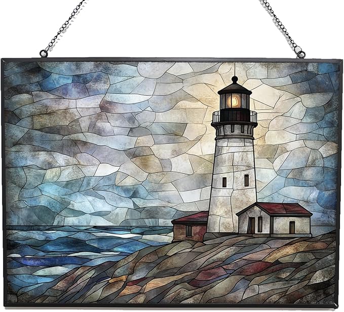Customized Rectangle Vintage Lighthouse Shore Stained Glass Window Hanging by 365CUSGIFTS