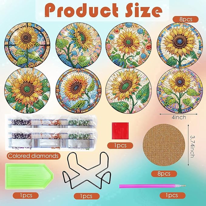 ijbnhd 8 PCS Sunflower Diamond Painting Coasters | Sunflower Diamond Art - Image 3