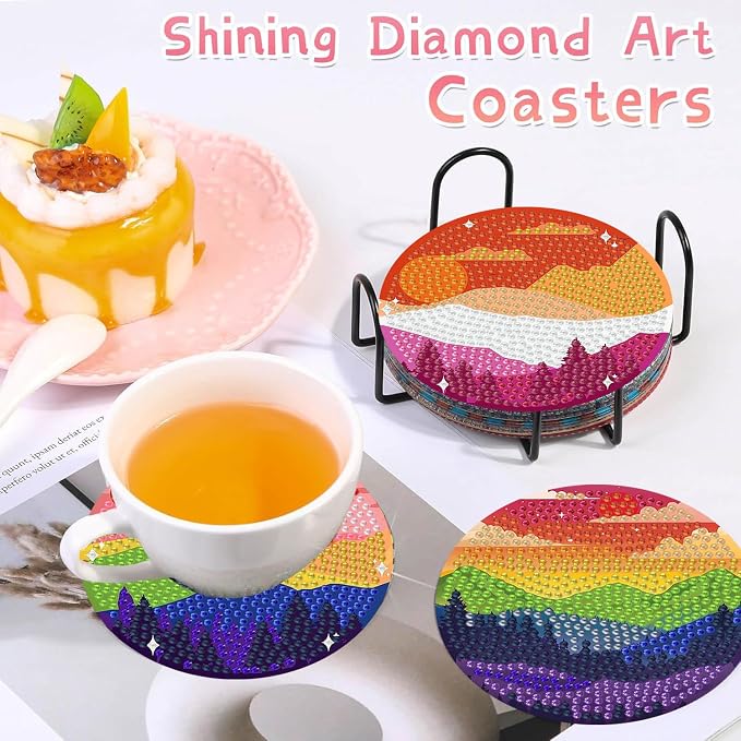 8 PCS Diamond Art Coasters Kits Moutain Sunset Diamond Painting Coaster | - Image 4