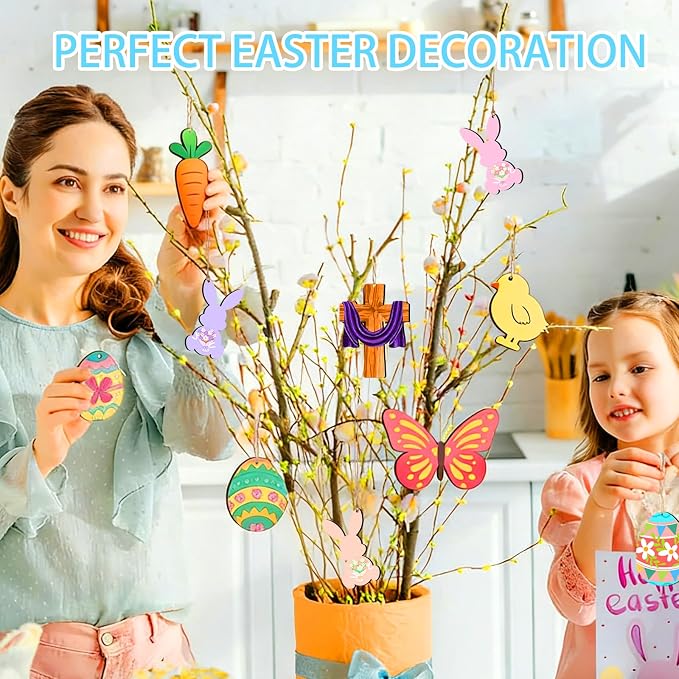 48Pcs Paintable Wooden Easter Ornaments Unfinished Wood Cutouts - Image 4