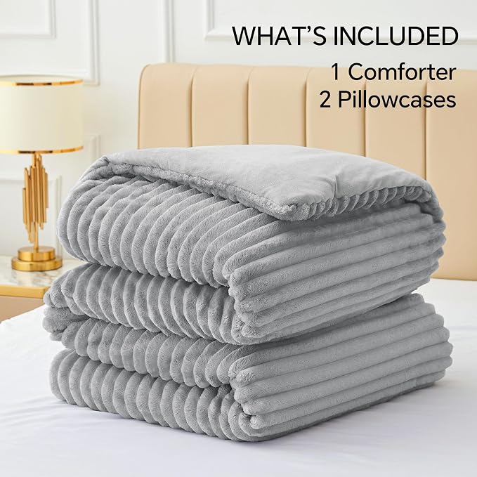 BEDELITE Fleece King Comforter Set -Super Soft & Warm Fluffy Light Grey Bedding - Image 6
